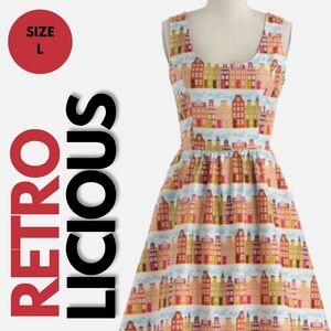 🎄 Retrolicious Colorful City House Print Skater Dress Size L